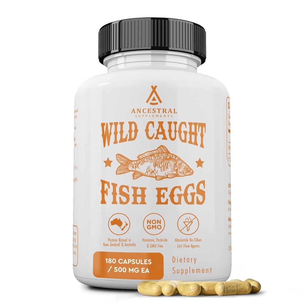 Suppléments ancestraux Oeufs de poisson capturés sauvages, 2400mg, supplément Oméga-3 soutient le cerveau, le coeur, la fertilité et la santé inflammatoire, source d'aliments entiers de vitamine D, K2, et A, non-OGM, 180 capsules