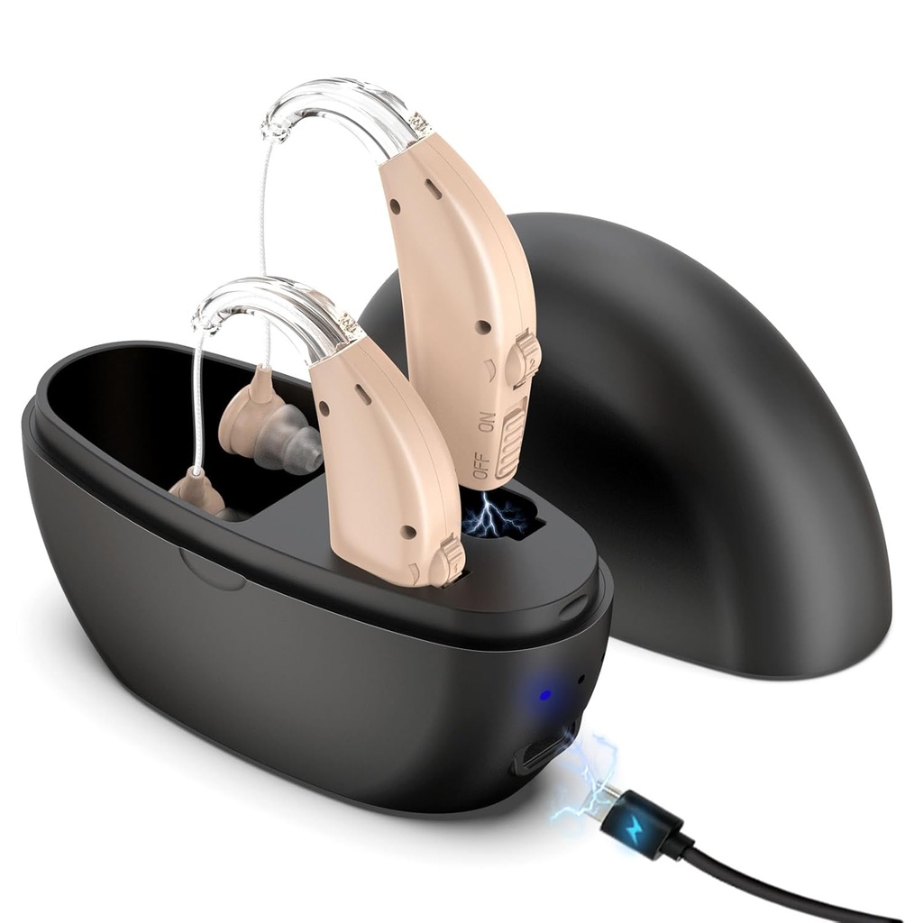 Aides auditives pour les aînés, TESTRUST Aides auditives rechargeables numérique, les aides auditives BTE derrière l'oreille, les dispositifs d'amplification acoustique pour adultes avec réduction du bruit, sauf pour la perte auditive, OTC, 1 paire