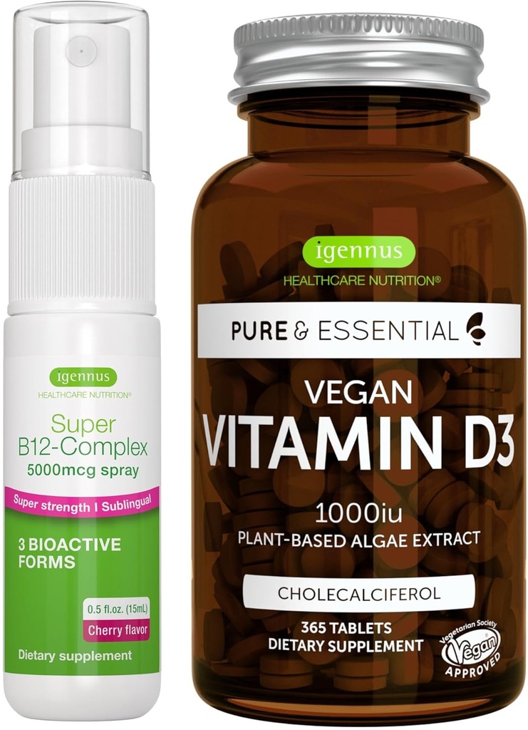 Vegan Vitamin D3 + Super B12-Complex 5000mcg Vegan Bundle, 365 1000iu Vitamin D3 Tablets + High Strength B12 Cherry Flavor Sublingual Spray, by Igennus
