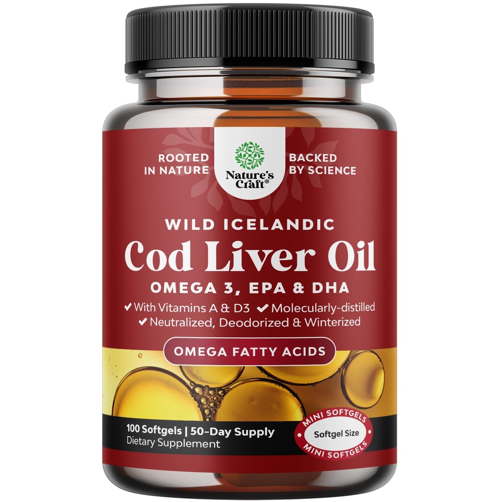 Oignons de foie de morue sauvage islandais - Fish Omega 3, EPA, DHA, Vitamine D & A, 1000mg par portion - Capsules sans Burpless pour le soutien cardiaque, articulaire, cérébral et immunitaire - 100 Compte