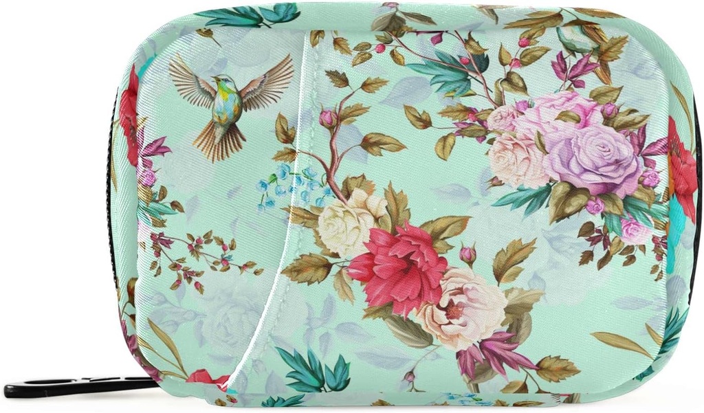 Rose Floral Birds Pill Box 7 Day Pill Case Sac de voyage Pill Organizer Sac avec zipper Portable Weekly Case Taille compacte pour support de supplément de vitamine