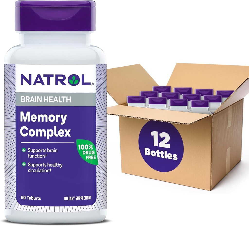 Natrol Memory Complex with Ginkgo Biloba 120mg and B Vitamins, Dietary Supplement for Brain Health and Memory Support, 60 Tablets, 30 Day Supply (Pack of 12)