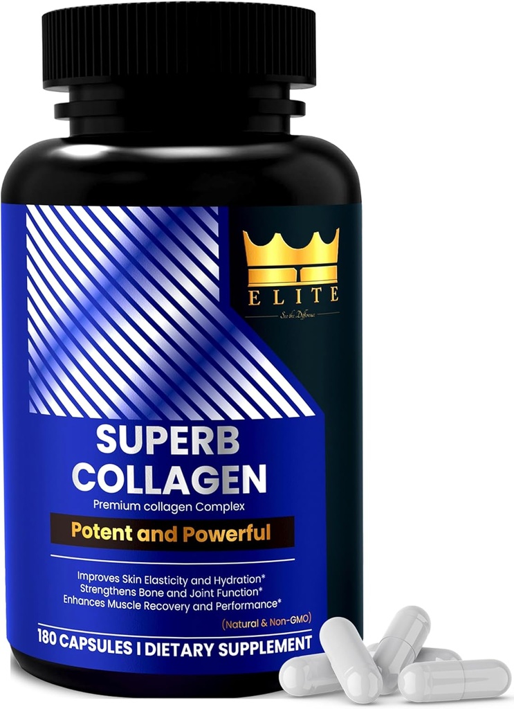 Crown Elite Superb Collagen | Multi-Type Premium Collagen Supplement | Supports Skin Hydration, Hair Growth, Joint Flexibility & Bone Strength | Non-GMO, Grass-Fed | 180 Capsules, for Women & Men