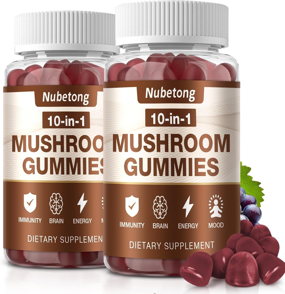 Gommies de champignons NUBETONG - Supplément de champignons 10x pour adultes avec la Mane du Lion, Reishi, Chaga et la Turquie Tail - Brain Booster, Immune Support, Stress Relief et Focus Support (2 Pack)