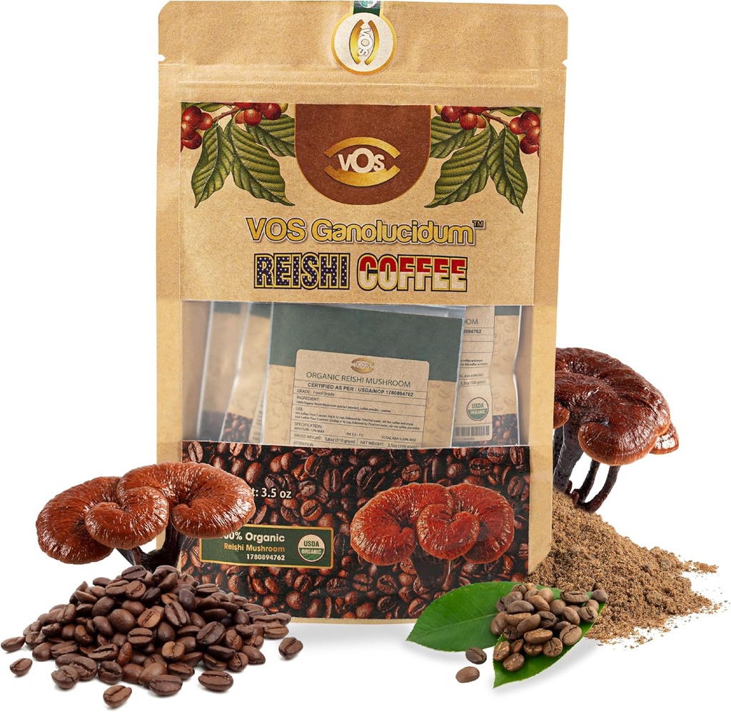 VOS GANOLUCIDUM - 100% bio Reishi Café, 2 en 1 Reishi Champignon avec café, 5 sachets, Grand Dégustation, Supplément Champignon, Support pour Supplément Énergie et Immunité (0.7 oz chacun)