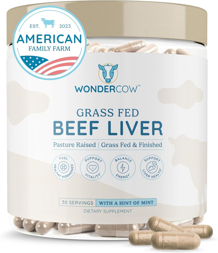 WONDERCOW Capsules de foie de boeuf supplément de gazon - Source déshydratée et naturelle de protéines, de fer, de vitamines A et B- stimule l'énergie et l'immunité