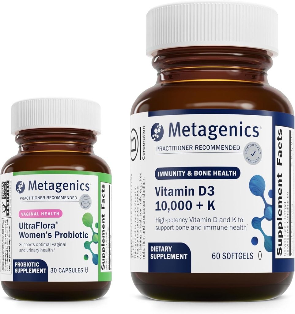 Metagenics Vitamin D3 10,000 + K (60 Softgels) & UltraFlora Complete Women's Probiotic (30 Capsules) - Immune, Bone & Heart Health Support - Aids Digestive Health