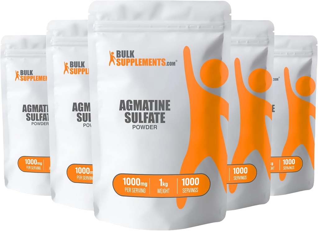 BulkSupplements.com Poudre de sulfate d'agmatine - Supplément d'oxyde nitrique, sulfate d'agmatine 1000mg - Sans aromatisants et sans gluten, 1000mg par portion, 5kg (11 lbs) (paquet de 5)