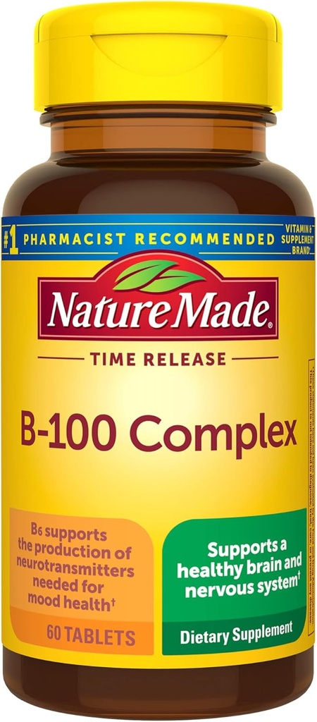 Nature faite temps de libération Vitamine B-100 Complexe de puissance élevée B, supplément alimentaire pour la fonction du système nerveux support, 60 comprimés de libération de temps, 60 jours d'approvisionnement