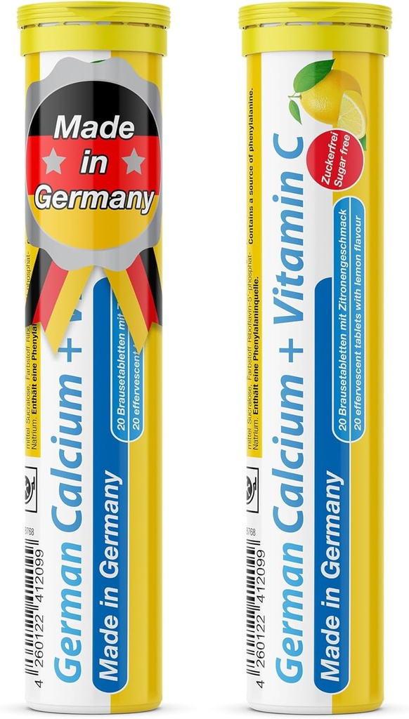 Calcium allemand + VIT. C - 40 boissons véganes comprimés effervescents - Lime citron - Fabriqué en Allemagne