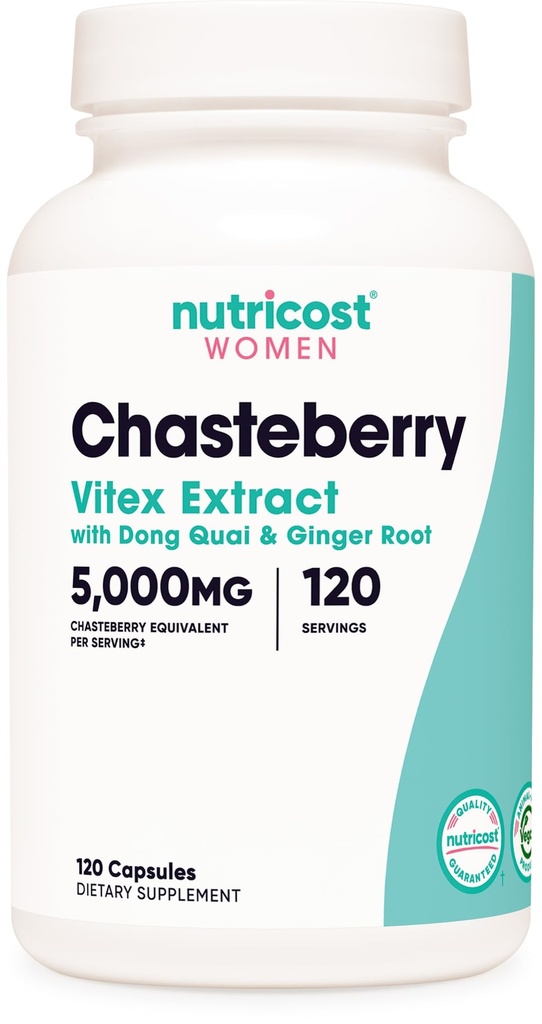 Supplément Chasteberry Nutricost pour femmes 120 capsules, 5000mg équivalent par portion (à partir de 500mg de 10:1 extrait), avec extrait de racine de Dong Quai & Ginger, végétarien, sans gluten et sans OGM