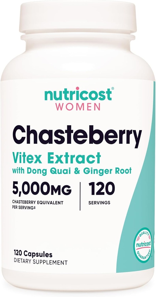 Supplément Chasteberry Nutricost pour femmes 120 capsules, 5000mg équivalent par portion (à partir de 500mg de 10:1 extrait), avec extrait de racine de Dong Quai & Ginger, végétarien, sans gluten et sans OGM