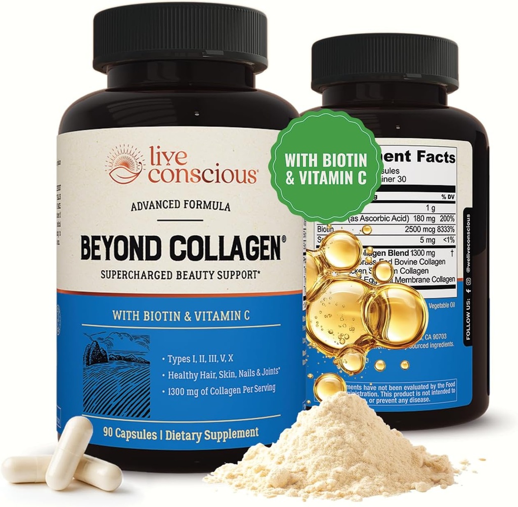 Live Conscience Beyond Collagen Multi Collagen Capsules - Types I, II, III, V & X - Mélange hydrolysé avec biotine et vitamine C pour cheveux, peau, ongles 90 Capsules