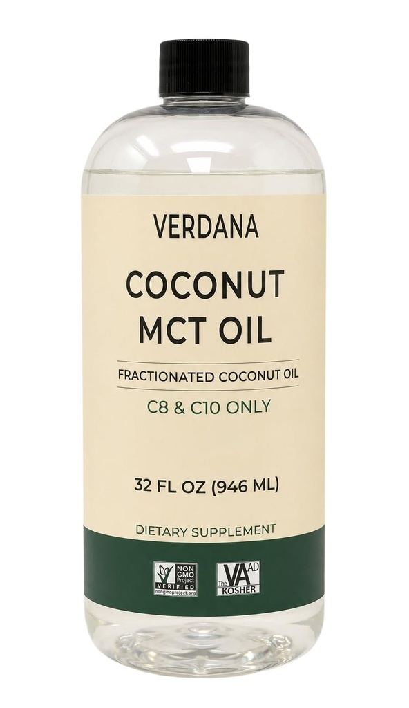 Huile MCT de qualité alimentaire de Verdana 32 oz – pour café kéto, huile naturelle non aromatisée Pulling Mouthwash & Massage - 100% huile fractionnée dérivée de noix de coco – Triglycérides à chaîne moyenne C8 C10 – Non-OGM, Kosher