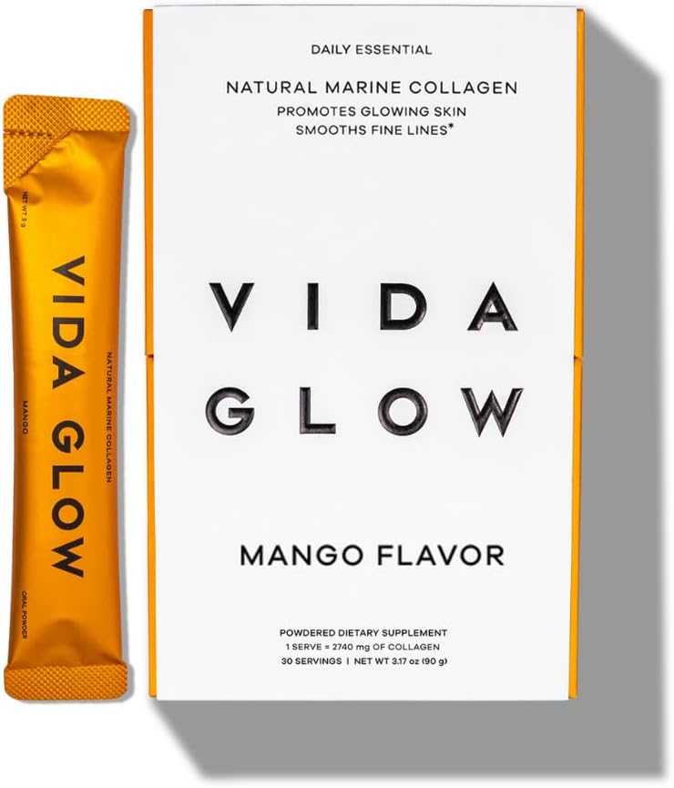 Vida Glow en poudre de collagène marin - Supplément anti-vieillissement avec des peptides de collagène, favorise la peau Glowing, ongles forts, cheveux sains