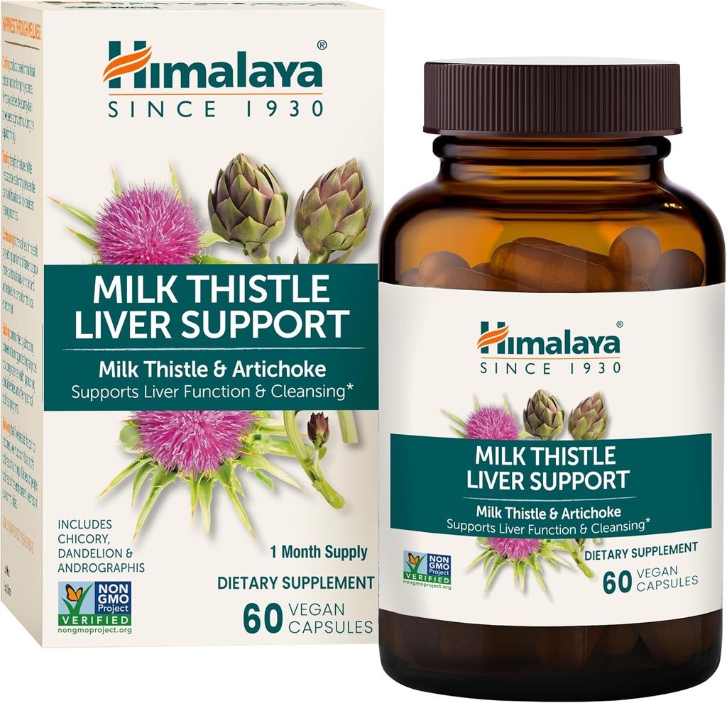 Himalaya Lait Thistle Support du foie - avec Chicory, Andrographis, Dandelion et Silymarin pour le nettoyage, la désintoxication et la fonction du foie - végétalien, non-OGM, sans gluten, 350 mg, 60 capsules