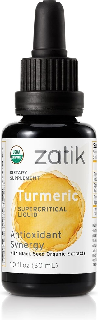 Zatik Naturals - Turmeric Supercritic Liquid Synergy with Black Seed Extrait de CO2 organique, antioxydant, pressé à froid, huile non raffinée, végétalien, non-OGM, organique, 1,0 fl oz.