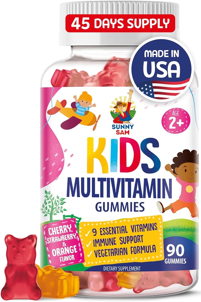Gommies multivitamines pour enfants - 90 vitamines à croquer - Supplément quotidien avec 14 vitamines essentielles pour les 2 ans et plus - Comprend les vitamines A, C, D, E, Végétarien B6 et B12, Zinc, Biotine
