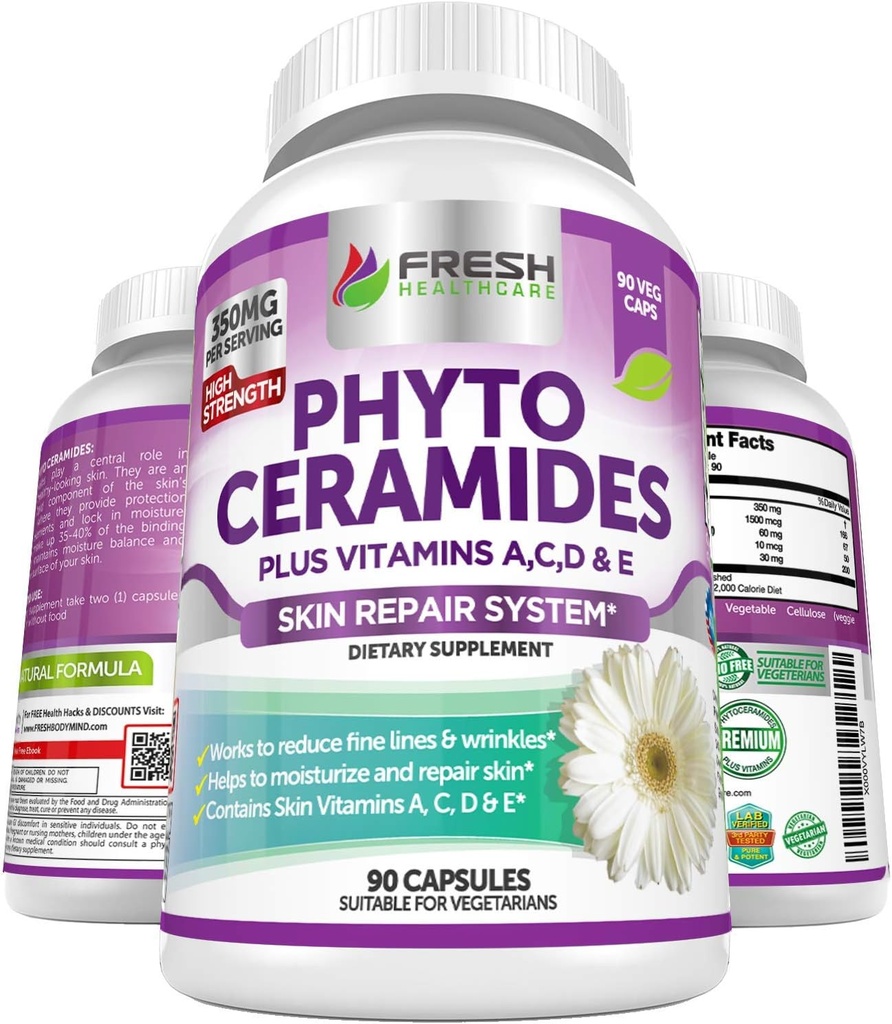 Phytocéramides - Approvisionnement de 3 mois - Plus de vitamines de peau A, C, D & E pour la réparation et le rajeunissement de la peau - Powerhouse anti-vieillissement pour les lignes fines et les rides réduites par les soins de santé frais