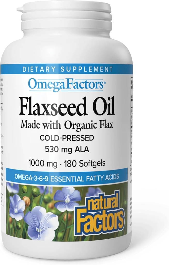 Facteurs oméga par facteurs naturels, huile de lin, soutient la santé globale avec les acides gras oméga-3, 6 et 9, 180 softgels (180 portions)