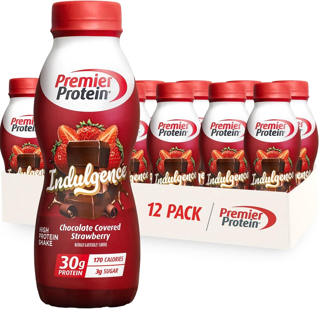Premier Indulgence des protéines Secouer les protéines, 30g Protéines, 3g Sucre, Fraise recouverte de chocolat, 11,5 fl oz, boîte de 12