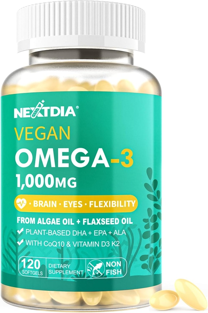 Vegan Omega 3 DHA EPA Supplément ALA avec 5000UI Vitamine D3 K2 (MK7), CoQ10 pour les femmes Hommes , Huile de poisson Alternative , Huile d'algue à base de plantes Omega 3 1000mg Pills pour os, cerveau, yeux, peau , 120 Softgels