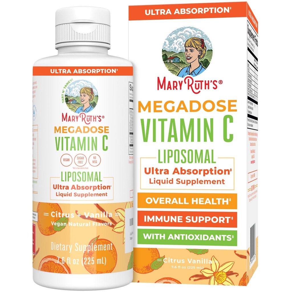MaryRuth's Megadose Liquid Vitamine C Liposomale , 500 mg par portion , Ultra Absorption , Immunité , Support antioxydant , Formation de collagène Vegan , Sans gluten , Sans sucre , 7,6 Oz , 30 portions