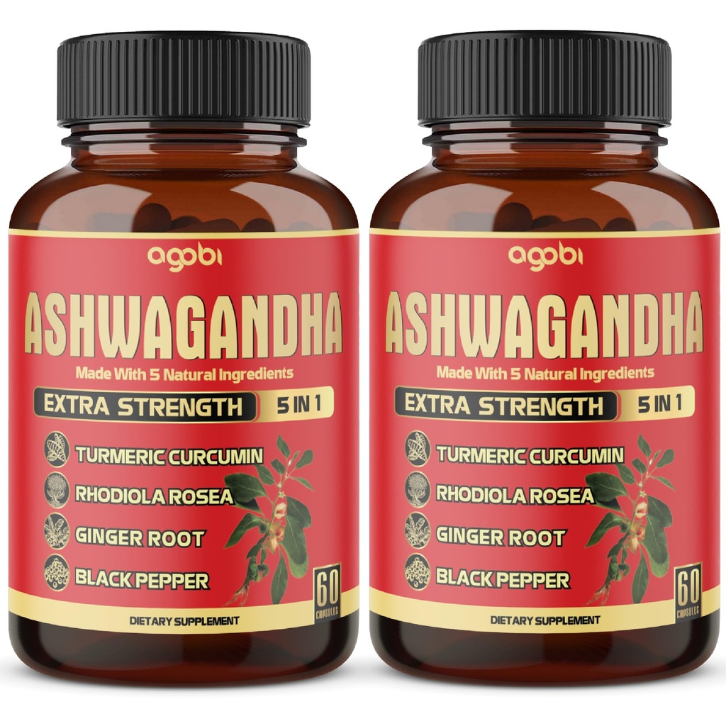 2 Boîtes - 60 Capsules Ashwagandha Capsules - Haute Concentré - 5en1 Formule Ashwagandha, Turmeric, Rhodiola Rosea, Ginger, Pepper Noir - Approvisionnement de 4 mois