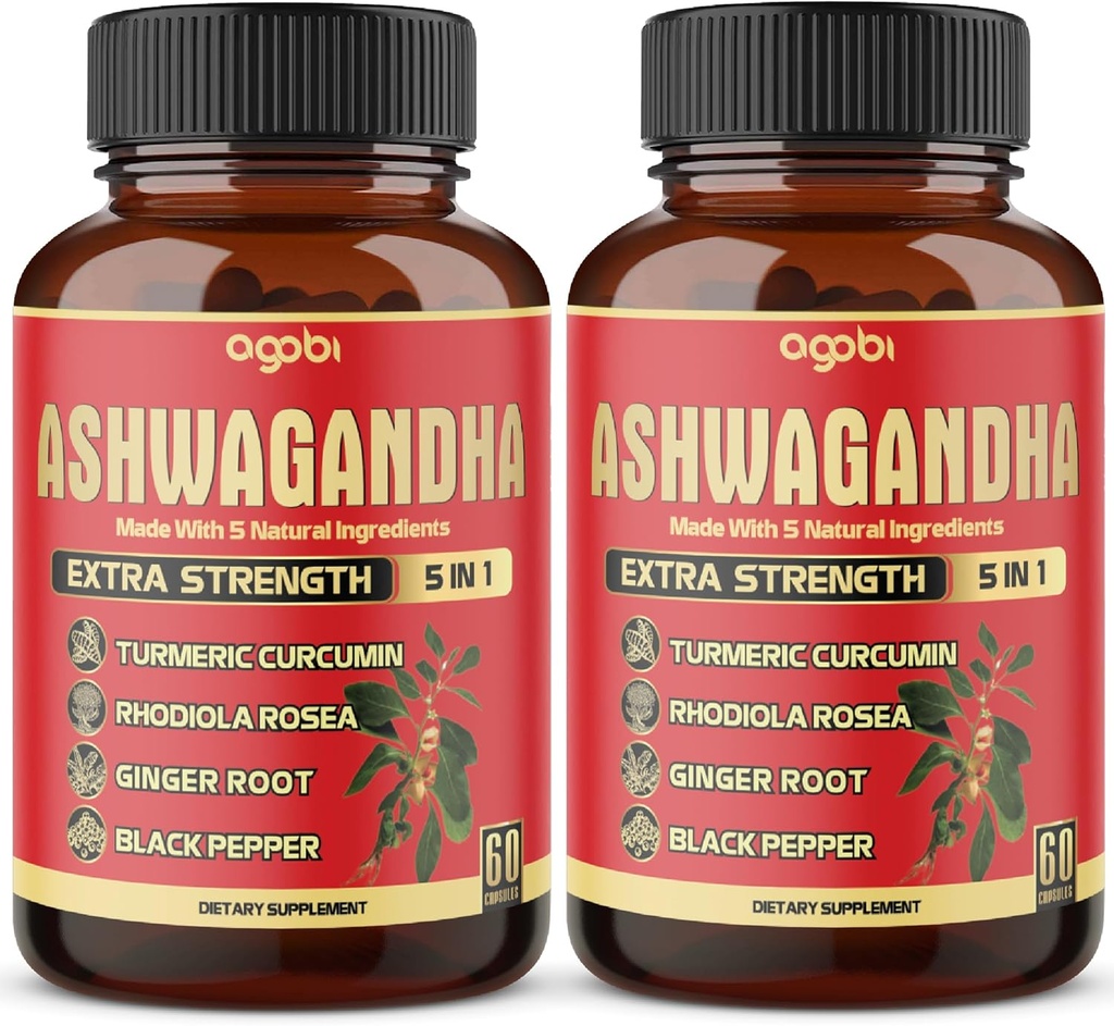 2 Boîtes - 60 Capsules Ashwagandha Capsules - Haute Concentré - 5en1 Formule Ashwagandha, Turmeric, Rhodiola Rosea, Ginger, Pepper Noir - Approvisionnement de 4 mois
