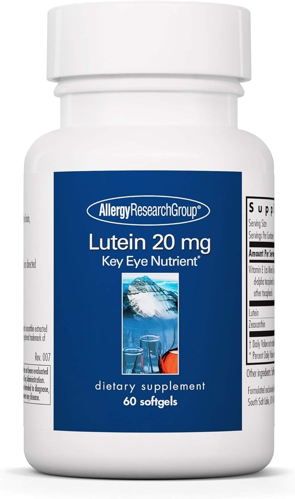 Supplément de lutéine du groupe de recherche sur l'allergie - Vitamines oculaires, 20 mg de lutéine et de zéaxanthine pour les yeux, la santé oculaire, les soins de la vue, les softgels - 60 Compte