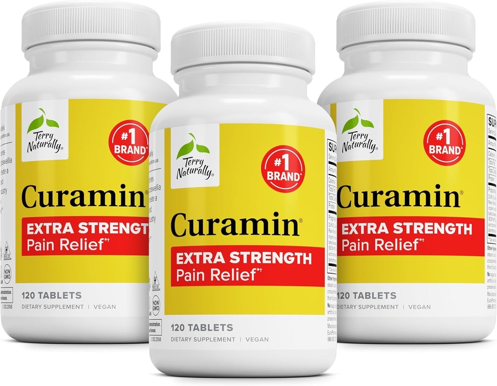 Terry naturellement Curamin Extra Strength - Curcumin et Boswellia pour un support de circulation sain - Supplément curcuma pour soutenir les articulations, la santé musculaire et la production d'endorphine - 120 comprimés (paquet de 3)