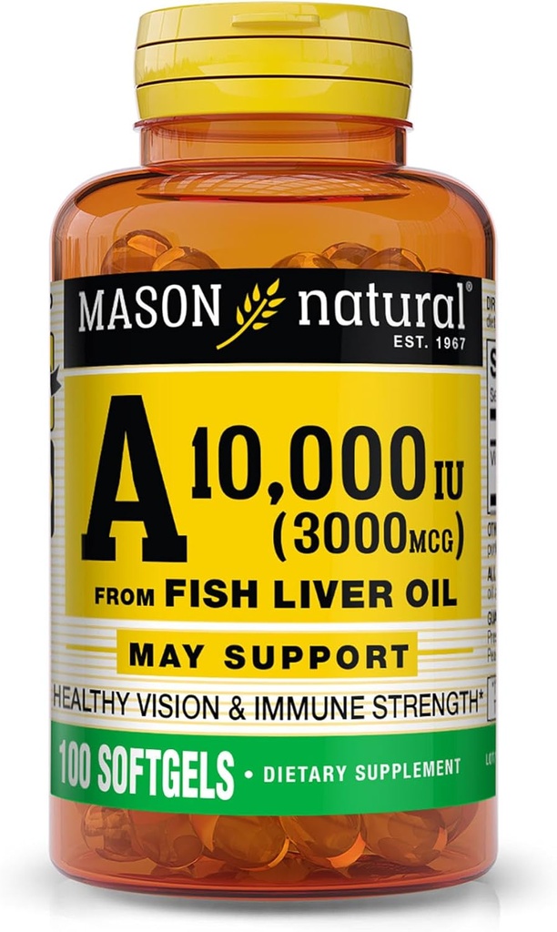 MASON Vitamine naturelle A 3000 mcg (10 000 UI) de l'huile de foie de poisson, soutient la vision et la santé immunitaire, 100 softgels