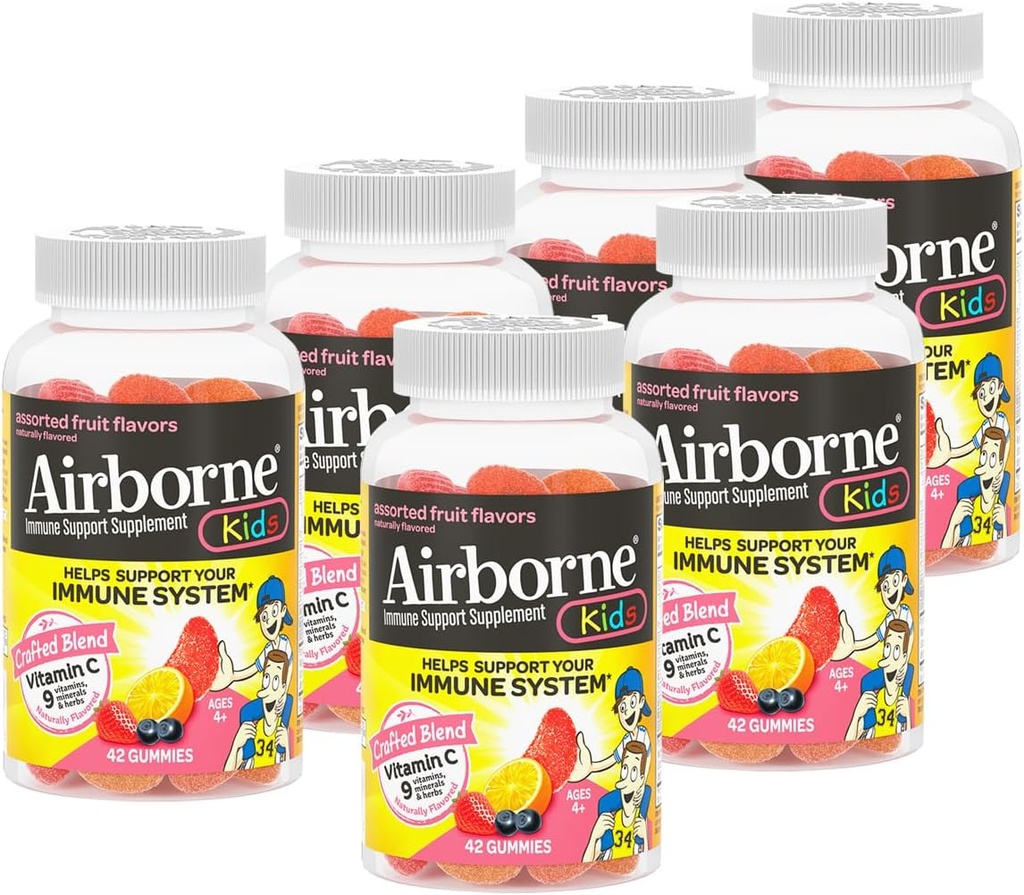 Airborne 500mg Vitamine C + Zinc Immune Supplément de soutien Gommies pour les enfants, Arôme de fruits assortis, Mélange sans gluten fabriqué avec des antioxydants puissants Vitamines C & E, 42 Gommies (6 Pack)