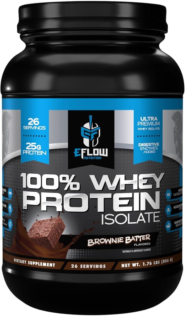 eFlow Nutrition 100% Whey Protein Isolate - Enzymes digestifs sans gluten et sans lactose ajoutés, faible teneur en glucides, post-entraînement Shake, digestion rapide pour la récupération optimale des muscles - Brownie Batter (26 portions)