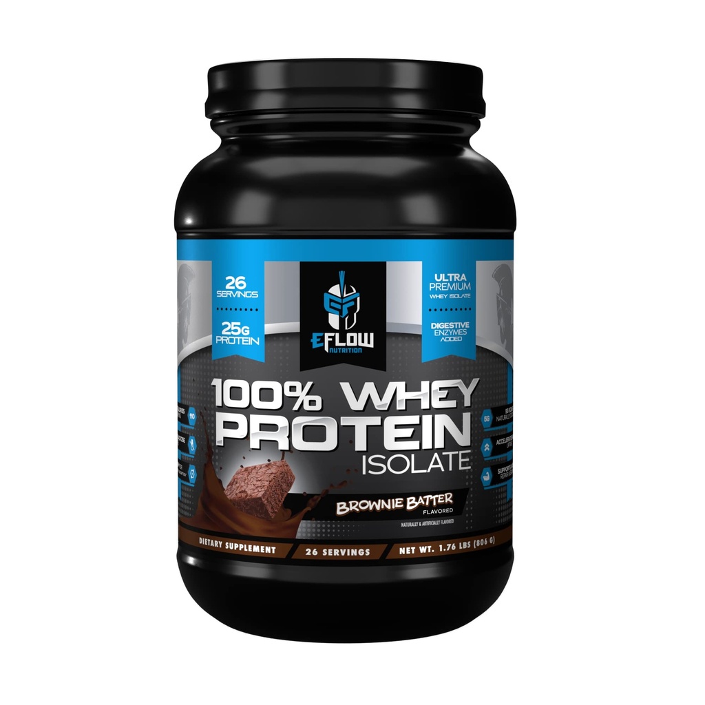 eFlow Nutrition 100% Whey Protein Isolate - Enzymes digestifs sans gluten et sans lactose ajoutés, faible teneur en glucides, post-entraînement Shake, digestion rapide pour la récupération optimale des muscles - Brownie Batter (26 portions)
