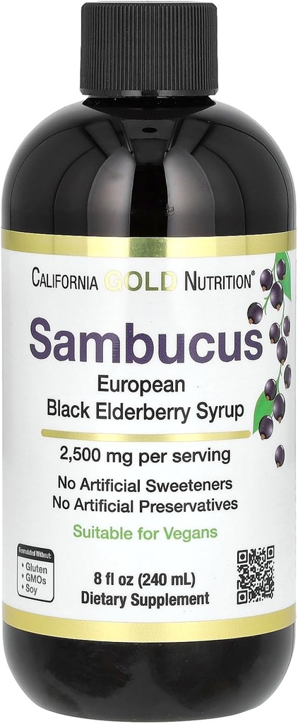 California Gold Nutrition Elderberry Syrup, Black Elderberry (Sambucus nigra) Juice Concentrate, Seasonal Immune Support, No Artificial Preservatives or Sweeteners, 2500 mg, 8 fl oz (240 ml)