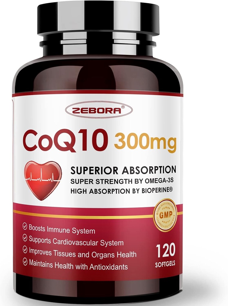 ZEBORA CoQ10-300mg-Softgels avec PQQQ, BioPerine et Omega-3, 120 Servants Coenzyme Q10 (Ubiquinone) Supplément pour Haute Absorption, Puissant Antioxydant, Soutien Santé cardiovasculaire et Production d'énergie
