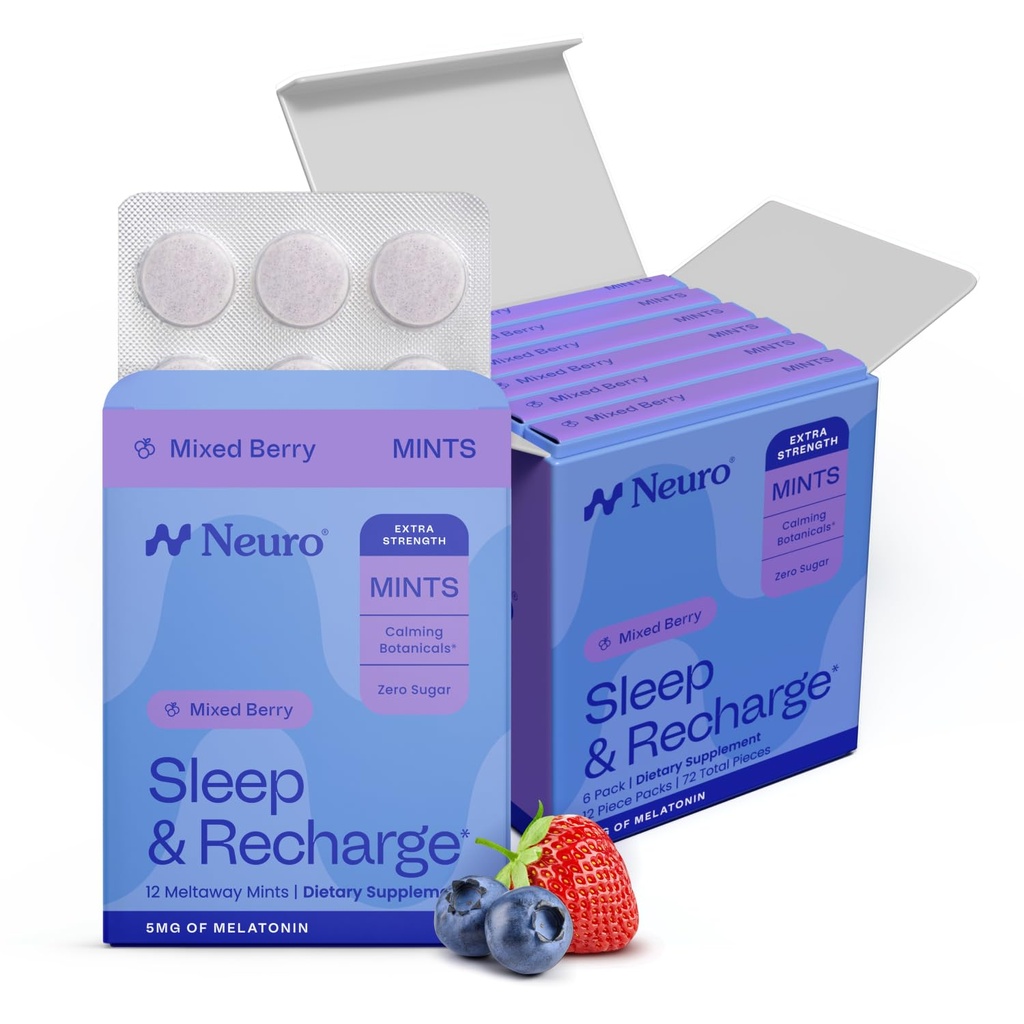 Neuro Melatonin 5mg Sleep & Recharge Menthes (72 pièces) - Dissoudre rapidement Melatonin Menthes sans sucre avec baume de citron et camomille pour mieux dormir - Supplément de sommeil calme pour les adultes - Berry de nuit Saveur