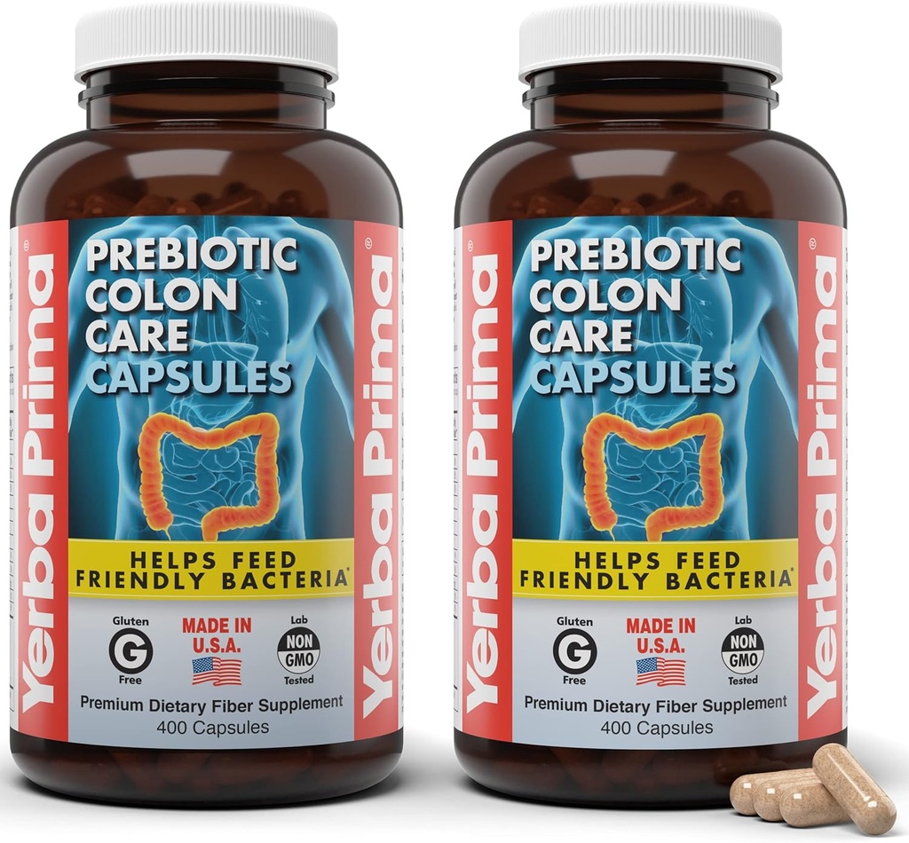Ierba Prima Prebiotic Colon Care Capsules, 400 Caps (Pack of 2) - Cinq formes de complément de fibre alimentaire - Fibres solubles et insolubles saines pour la régularité et le soutien digestif