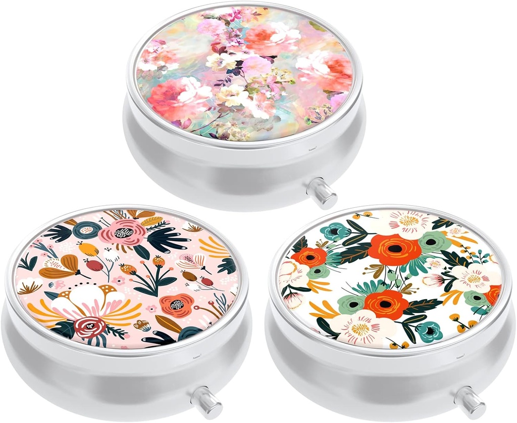 3 Pack Pill Box, petit cas de pilule pour Purse & Pocket, Mignon organisateur de médecine de voyage, porte-conteneur de médicament portable pour tenir les vitamines, médicaments, huile de poisson et supplément, fleurs blanches roses