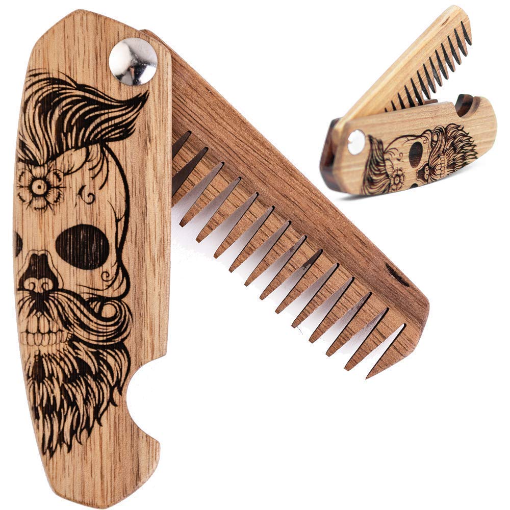 Profitez du peigne à barbe en bois pour les hommes, accessoires à barbe en pliage pour les hommes, peigne en bois de noyer gravé pour Moustache, barbe et cheveux pour lui (Crâne half)
