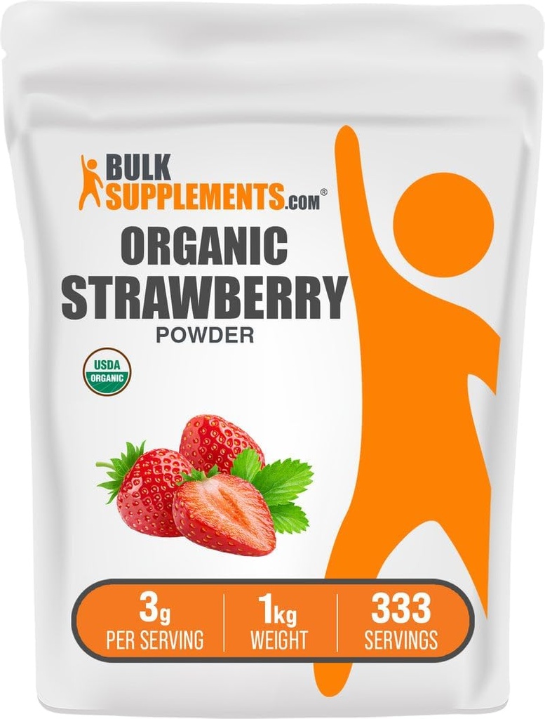 BulkSupplements.com Poudre de fraise biologique - Poudre de fruits de fraises biologiques - Pas de sucre ajouté et sans gluten, 3g par portion, 1kg (2,2 lbs) (paquet de 1)