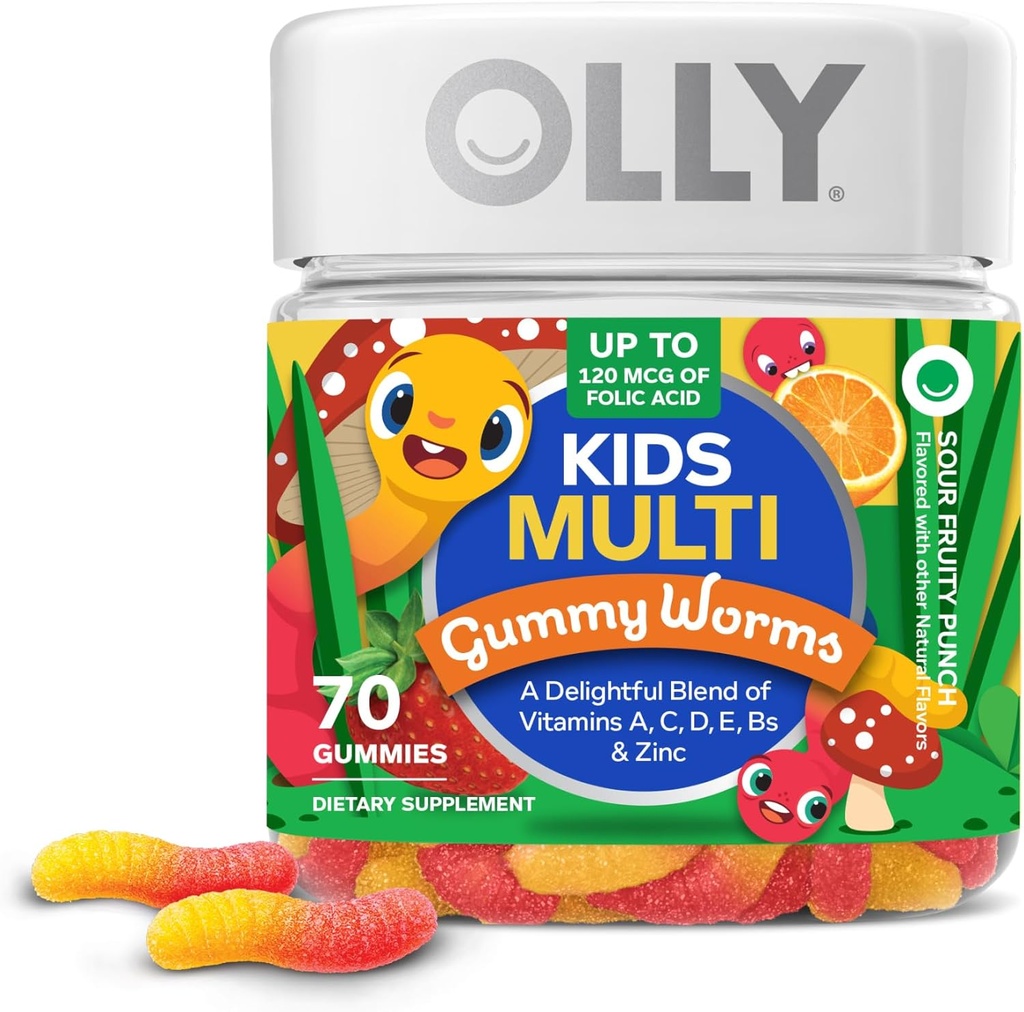 OLLY Kids Multivitamine Gummy Worms, Santé globale et soutien immunitaire, Vitamines et Minéraux A, C, D, E, Bs et zinc, Supplément à croquer, Punch aux fruits acides, approvisionnement de 45 jours (70 comte)