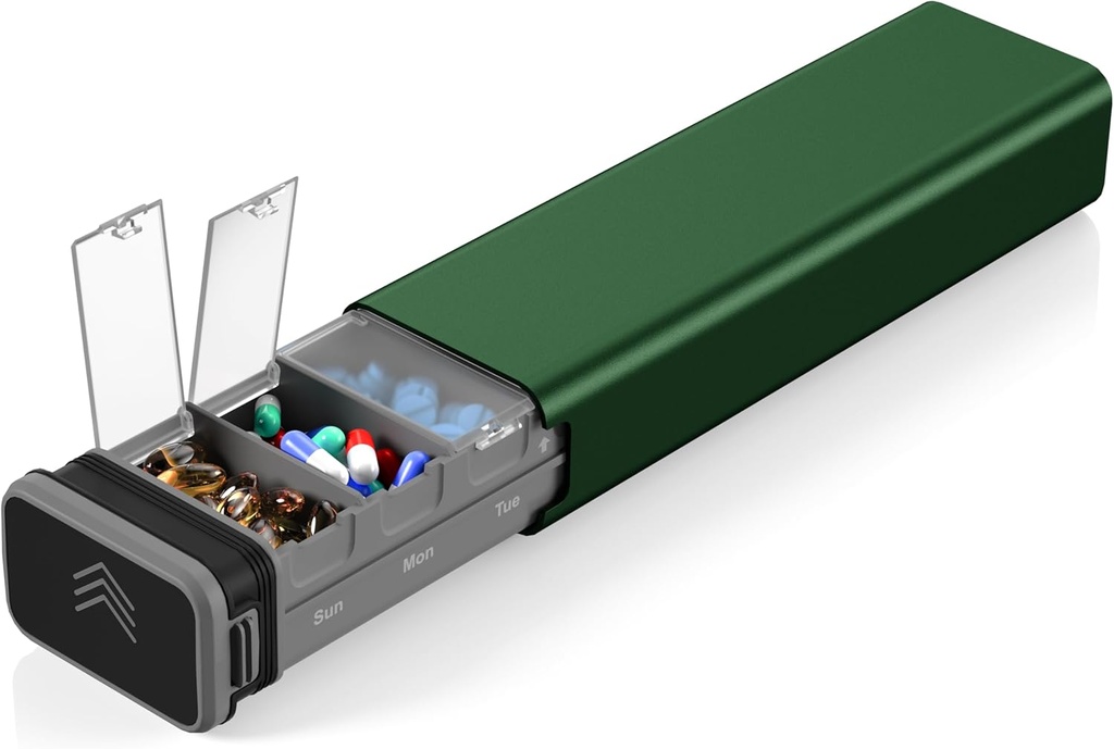 7 Day Weekly Metal Pill Organizer Travel, Kursoaya Premium Aluminium Daily Pill Box, Mute Portable Pill Case, Support de pilule de grande capacité pour suppléments, pilules, vitamines, médecine (Hunter Green)