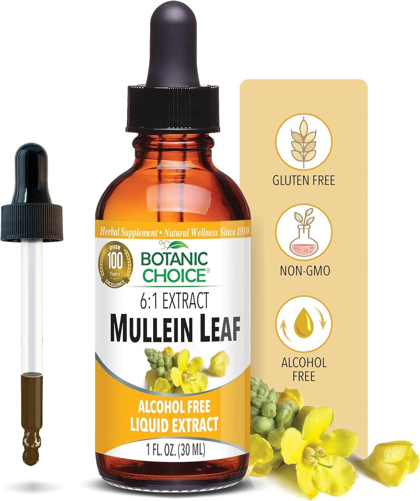 Choix botanique Extrait liquide de feuille de Mullein, sans alcool, sans gluten, soutien respiratoire traditionnel 1 Fl. Oz.