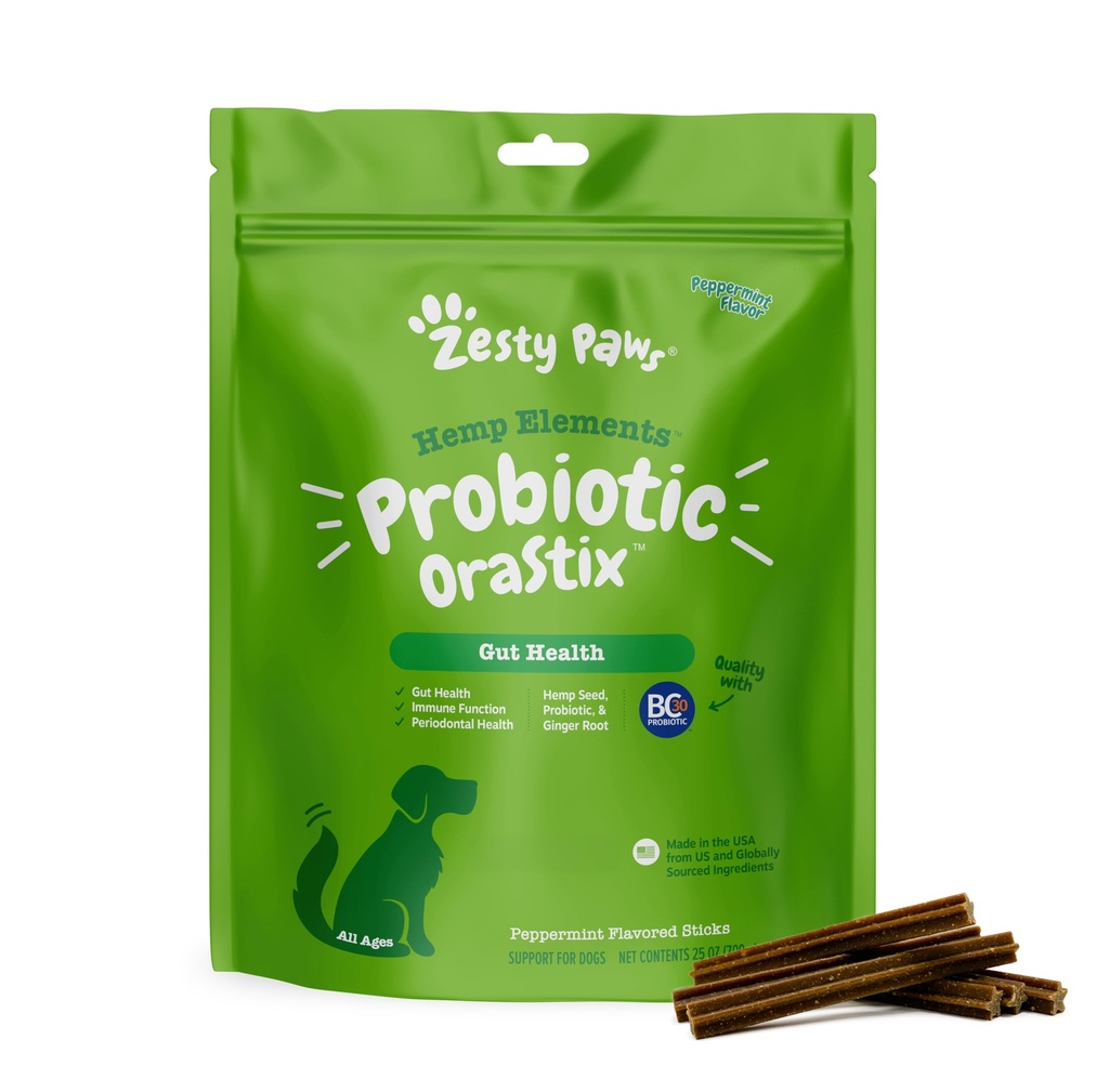 Zesty Paws OraStix pour chiens - Probiotic Sticks with Hemp Seed Curcumin Ginger Root Taurine - Soutient la fonction de Gut Flora Immune Système Proprietary Healthy Teeth Gum Blend - 25oz