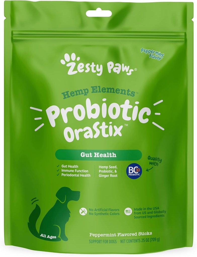 Zesty Paws OraStix pour chiens - Probiotic Sticks with Hemp Seed Curcumin Ginger Root Taurine - Soutient la fonction de Gut Flora Immune Système Proprietary Healthy Teeth Gum Blend - 25oz