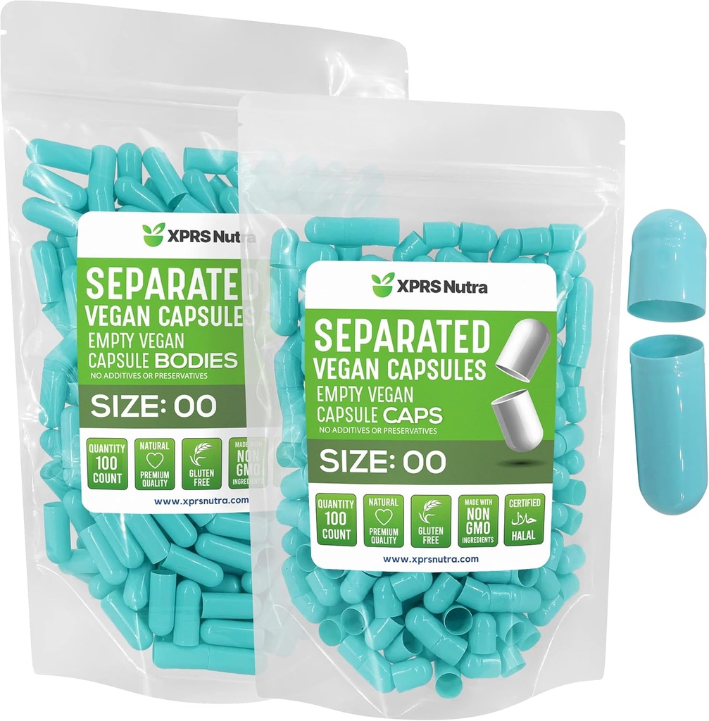 XPRS Nutra Vegan Taille 00 Capsules séparées - 100 Compte Capsules vides Premium Séparées dans des sacs - 00 Pills vides pour le remplissage de supplément de bricolage (Aqua)