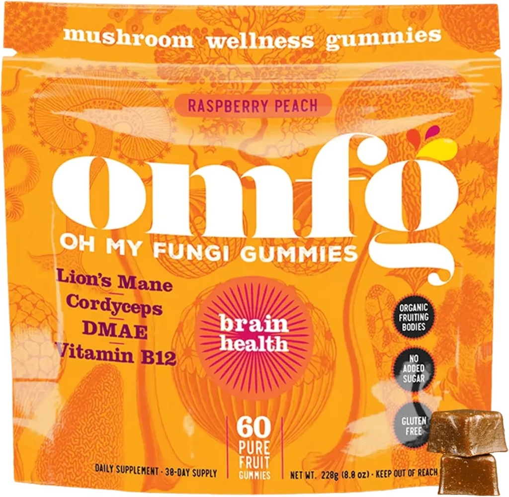 OMFG Gummies de champignons pour le soutien de la santé cérébrale – Supplément pour soutenir la fonction cognitive, la clarté mentale, la concentration et l'énergie W/Lions Mane, Cordyceps, B12, DMAE, Vegan - Framboise/Flavor de pêche (60 comte)