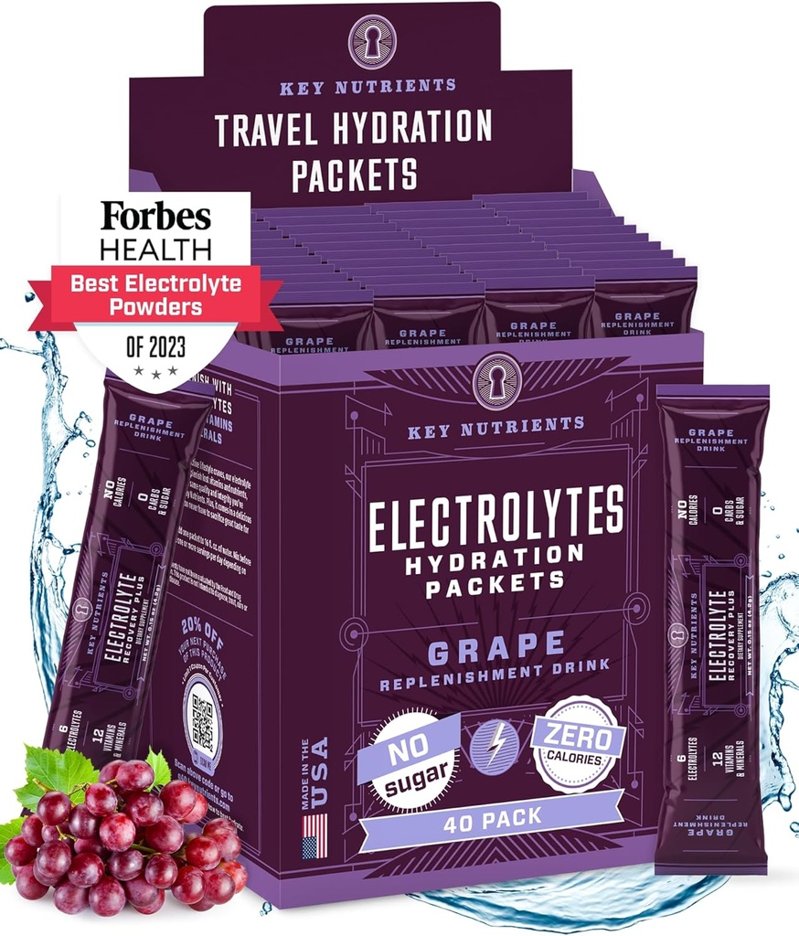 Paquets de poudre pour électrolytes - Fruity Grape 40 Packs d'hydratation - Poudre d'hydratation de voyage - Pas de sucre, pas de calories, sans gluten - Fabriqué aux États-Unis